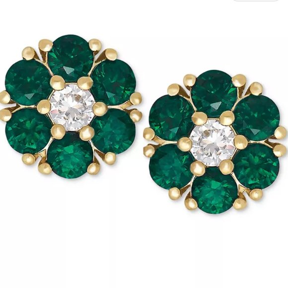 Emerald Flower Stud Earrings in 14k Gold + Emerald Gemstones Green  $950 - Picture 1 of 16